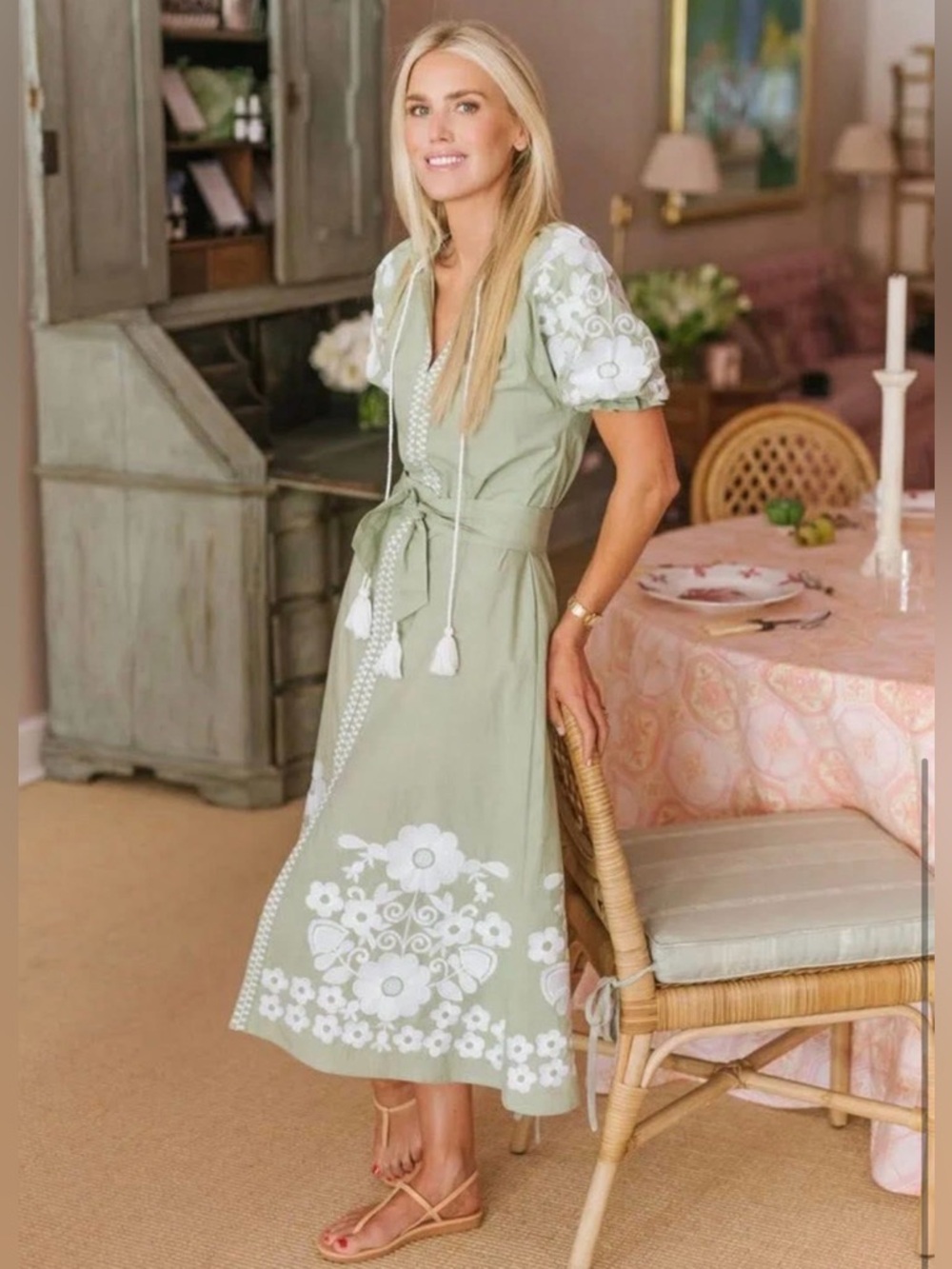 Direct from Manufacturer! Julia Amory Embroidered Coatue Midi Dress Sage & White